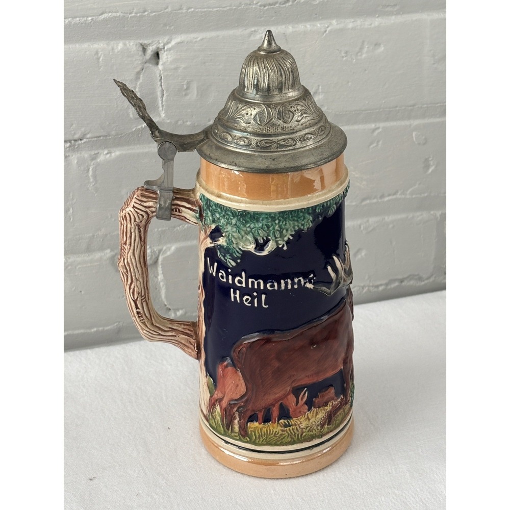 German Beer Stein Hinge Lid Mug Germany Forrest Deer Tree Handle WAIDMANNS Heil